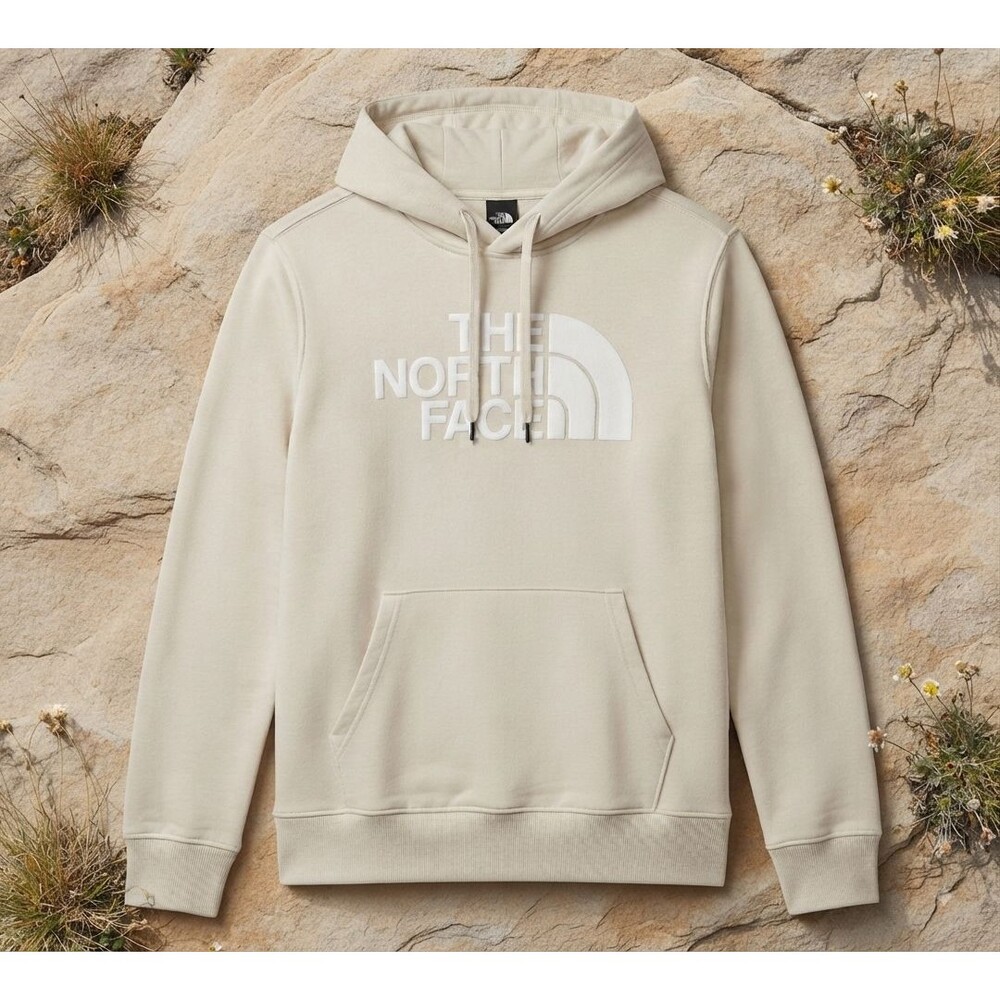 The North Face Men’s Small Half Dome Hoodie Cream Beige Fleece Pullover Logo